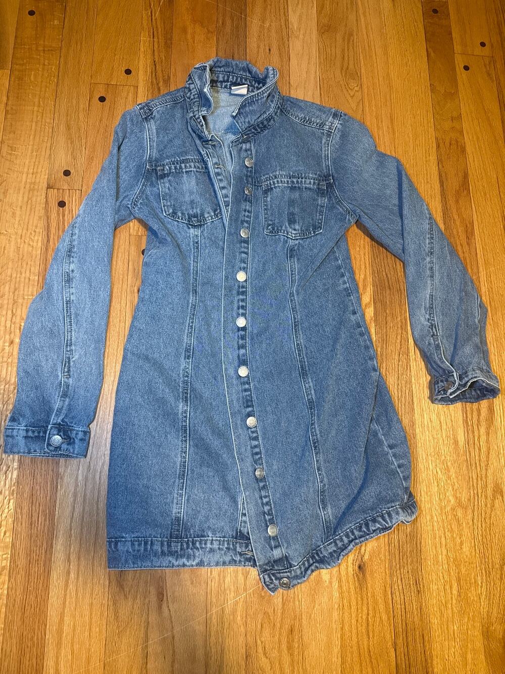 Forever 21 Long Denim Jacket Womens M Blue Oversized Trucker Jean Coat Y2K